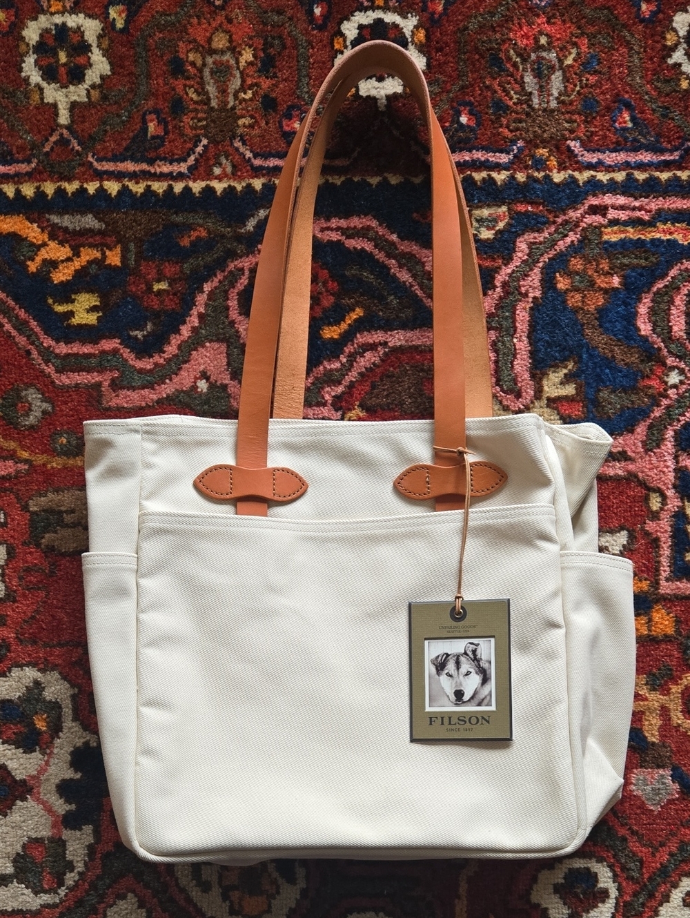 NWT Filson Cream Canvas Tote with Tan Leather Handles